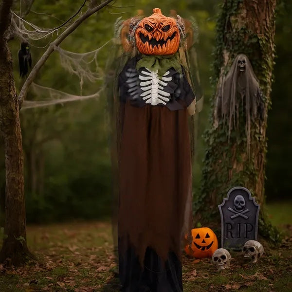 5.6ft Halloween Decorations Outdoor Life Size Animatronics Ghost With Pumpkin Head, Sound-Actived Party Decor With Creepy Sound , Scary Haunted House Props For Garden Yard Lawn