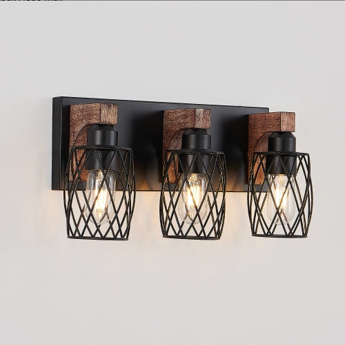 18 Industrial Vintage 3-Light Wall Sconce - Black Cage Wall Light Fixture With Wooden Accents For Bathroom, Hallway, Or Living Room, Bulb Not Included