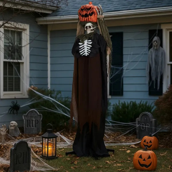5.6ft Halloween Decorations Outdoor Life Size Animatronics Ghost With Pumpkin Head, Sound-Actived Party Decor With Creepy Sound , Scary Haunted House Props For Garden Yard Lawn