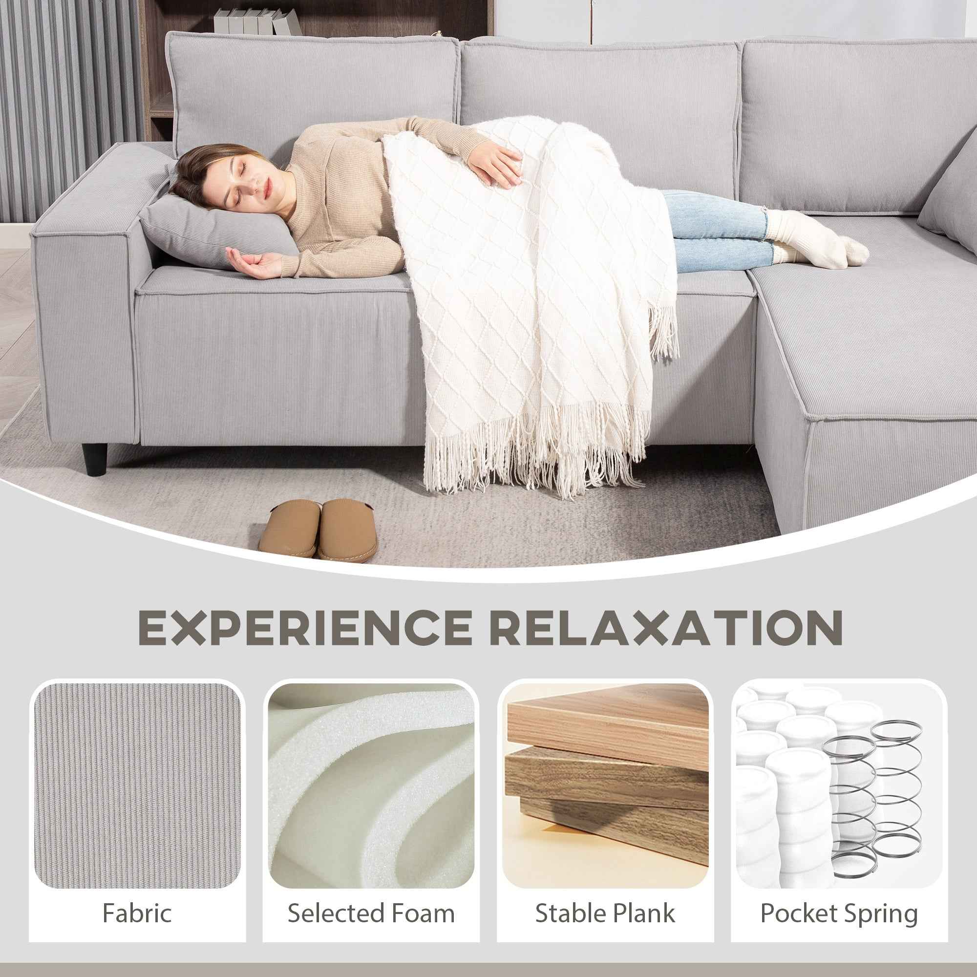 Corner Sofa With Reversible Chaise Lounge, Corduroy L-Shaped Sectional Sofa With Pocket Spring, Light Gray