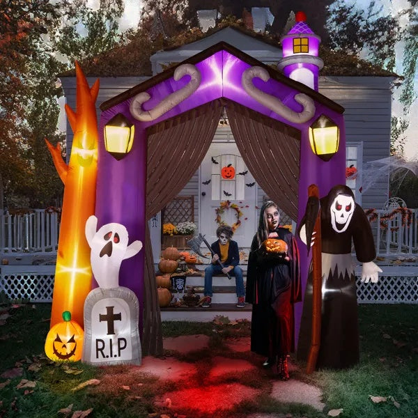 9.8 FT Halloween Inflatables Haunted House Castle Archway Outdoor Decorations, Scary Halloween Giant Grim Reaper Blow Up Ghost Decorations For Holiday Party Front Yard Lawn Garden Decor