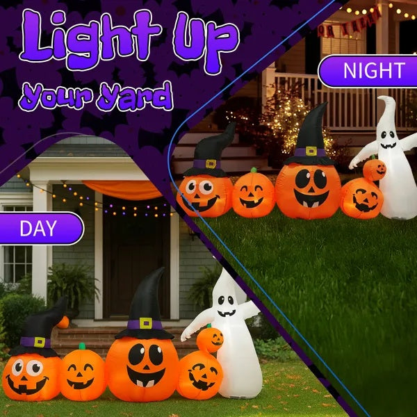 8FT Long Halloween Inflatables Pumpkins Ghost Outdoor Decorations, Blow Up Yard Decoration With Built-in LEDs Lighted For Lawn Garden Outside Indoor Decor