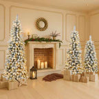 3 Pcs Flocked Artificial Christmas Tree Set With Lights, 4ft 5ft 6ft Christmas Snow Tree Set, Christmas Decor